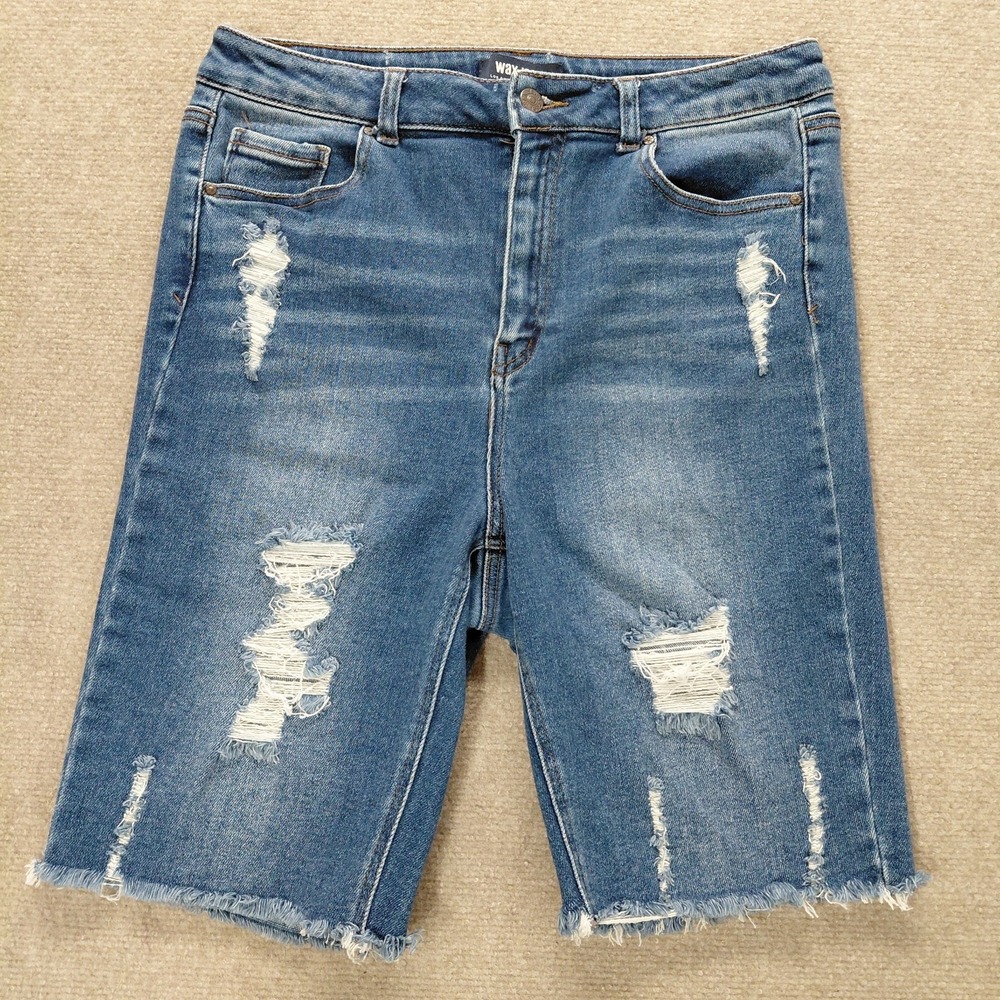 Wax Jean Womens 2XL Distress Denim Shorts 31" Blue Stretch High Rise 10" Inseam
